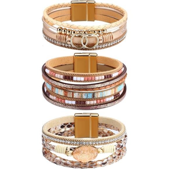 Boho Leather Wrap Bracelets for Women - Stackable Cuff Bangle with Beads - Picture 1 of 7